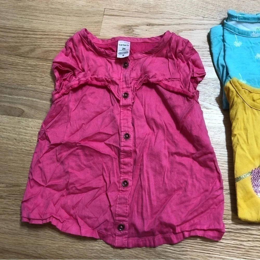 2T Girls Short Sleeve Shirt Bundle Sequin Sloth Yellow Pink Blue Palm Tree